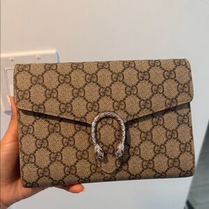 Gucci Tan Monogram Clutch with Silver Accent